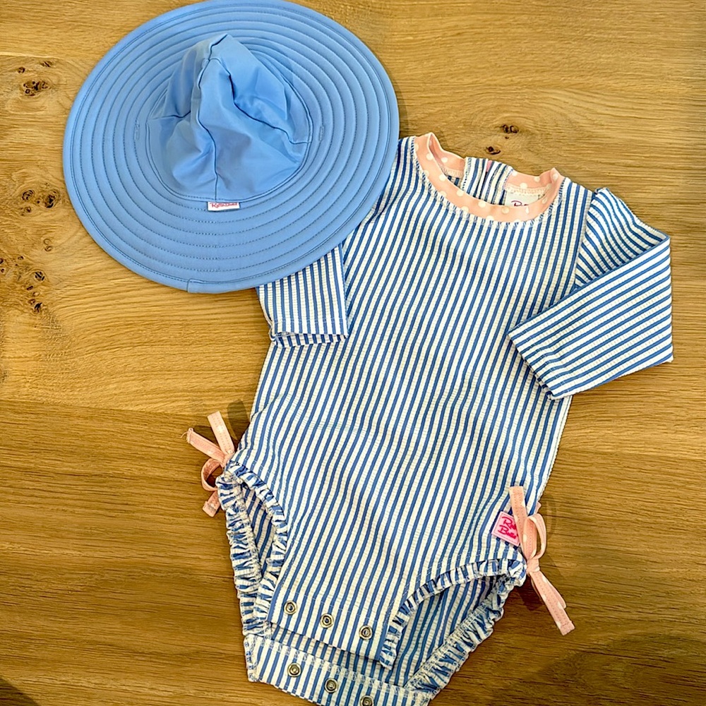 Ruffle butts seersucker bathing suit + matching hat 6-12 months